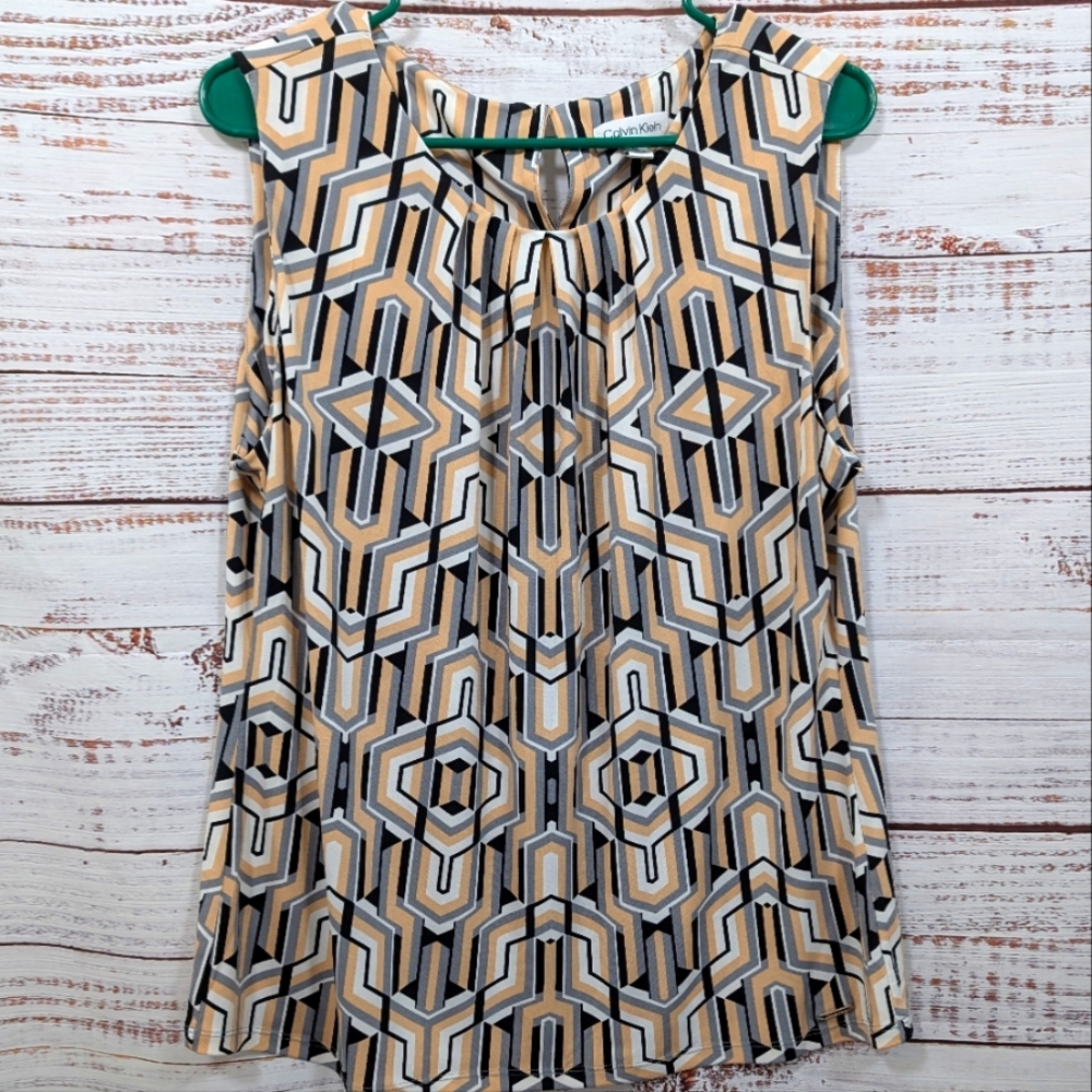 Calvin Klein Multicolored Geometric Patterned Sleeveless Blouse In Size XL